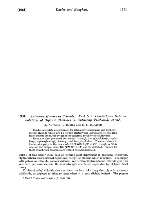 334. Antimony halides as solvents. Part II. Conductance data on solutions of organic chlorides in antimony trichloride at 75°