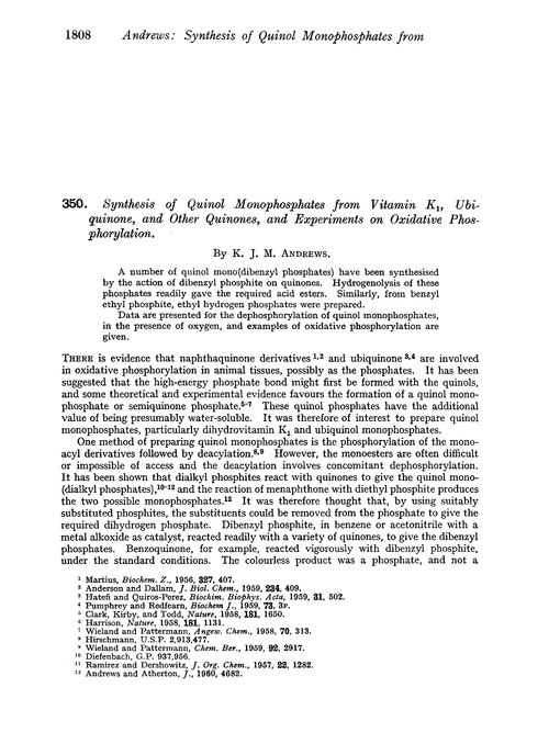350. Synthesis of quinol monophosphates from vitamin K1, ubiquinone, and other quinones, and experiments on oxidative phosphorylation