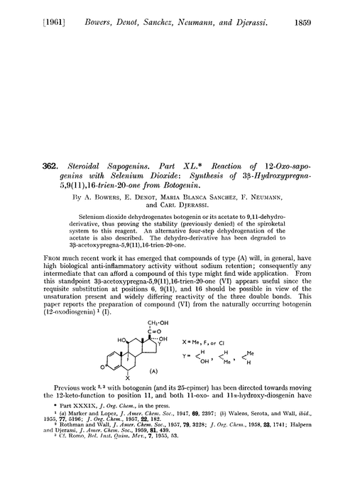 362. Steroidal sapogenins. Part XL. Reaction of 12-oxo-sapogenins with selenium dioxide: synthesis of 3β-hydroxypregna-5,9(11),16-trien-20-one from botogenin