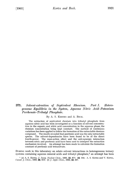 371. Solvent-extraction of septivalent rhenium. Part I. Heterogeneous equilibria in the system, aqueous nitric acid–potassium perrhenate–tributyl phosphate
