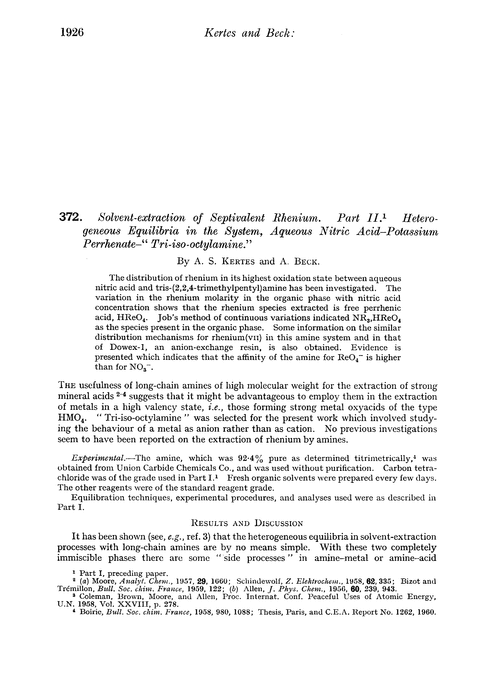 372. Solvent-extraction of septivalent rhenium. Part II. Heterogeneous equilibria in the system, aqueous nitric acid–potassium perrhenate–“Tri-iso-octylamine.”