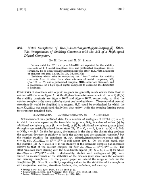 384. Metal complexes of bis-[3-di(carboxymethyl)aminopropyl] ether. The computation of stability constants with the aid of a high-speed digital computor