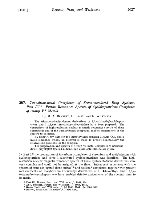 387. Transition-metal complexes of seven-membered ring systems. Part IV. Proton resonance spectra of cycloheptatriene complexes of Group VI metals
