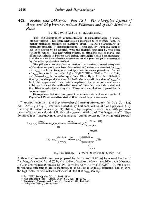 403. Studies with dithizone. Part IX. The absorption spectra of mono- and di-p-bromo-substituted dithizones and of their metal complexes