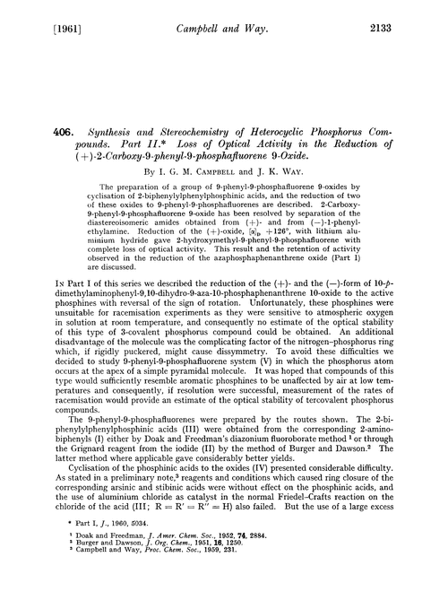 406. Synthesis and stereochemistry of heterocyclic phosphorus compounds. Part II. Loss of optical activity in the reduction of (+)-2-carboxy-9-phenyl-9-phosphafluorene 9-oxide