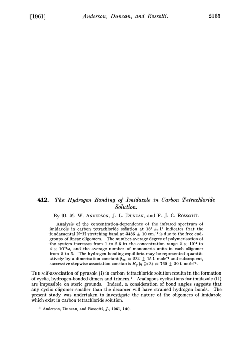 412. The hydrogen bonding of imidazole in carbon tetrachloride solution