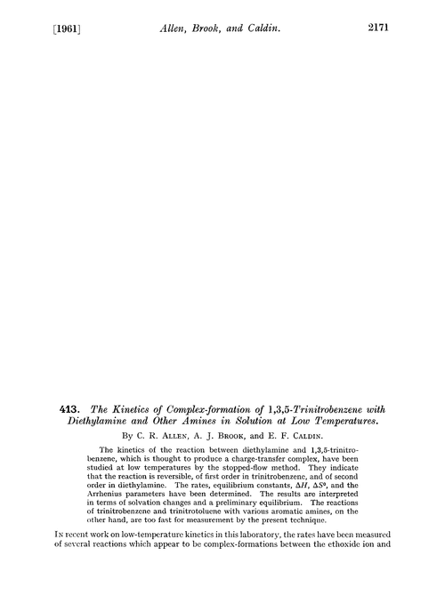 413. The kinetics of complex-formation of 1,3,5-trinitrobenzene with diethylamine and other amines in solution at low temperatures