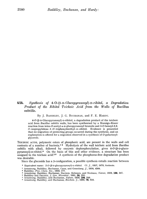 414. Synthesis of 4-O-(β-D-glucopyranosyl)-D-ribitol, a degradation product of the ribitol teichoic acid from the walls of bacillus subtilis