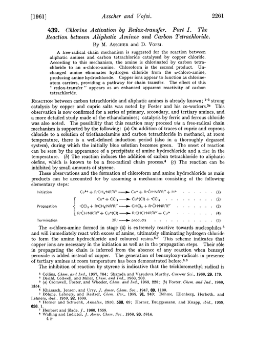 439. Chlorine activation by redox-transfer. Part I. The reaction between aliphatic amines and carbon tetrachloride