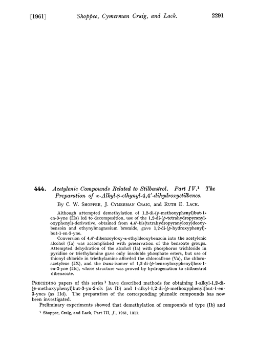 444. Acetylenic compounds related to stilbœstrol. Part IV. The preparation of α-alkyl-β-ethynyl-4,4′-dihydroxystilbenes