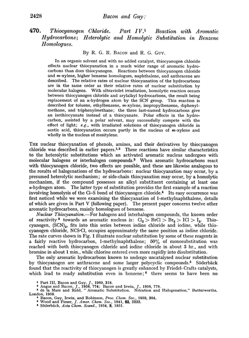 470. Thiocyanogen chloride. Part IV. Reaction with aromatic hydrocarbons; heterolytic and homolytic substitution in benzene homologues