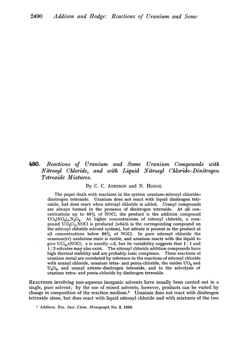 480. Reactions of uranium and some uranium compounds with nitrosyl chloride, and with liquid nitrosyl chloride–dinitrogen tetroxide mixtures