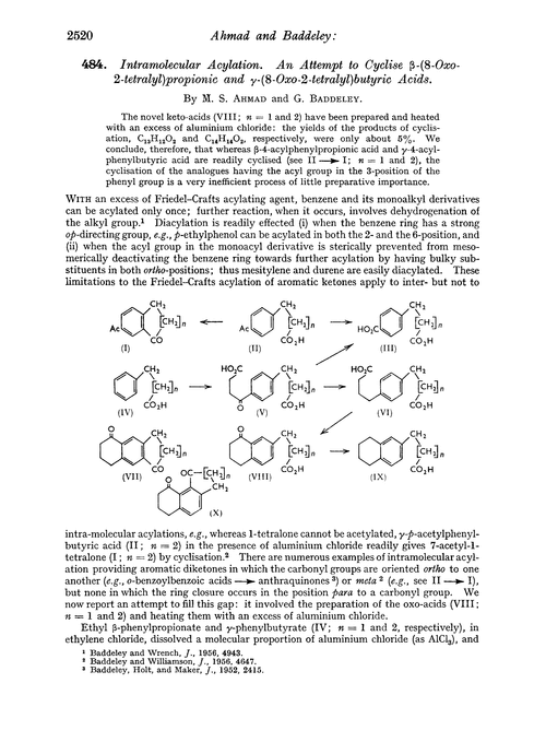 484. Intramolecular acylation. An attempt to cyclise β-(8-oxo-2-tetralyl)propionic and γ-(8-oxo-2-tetralyl)butyric acids