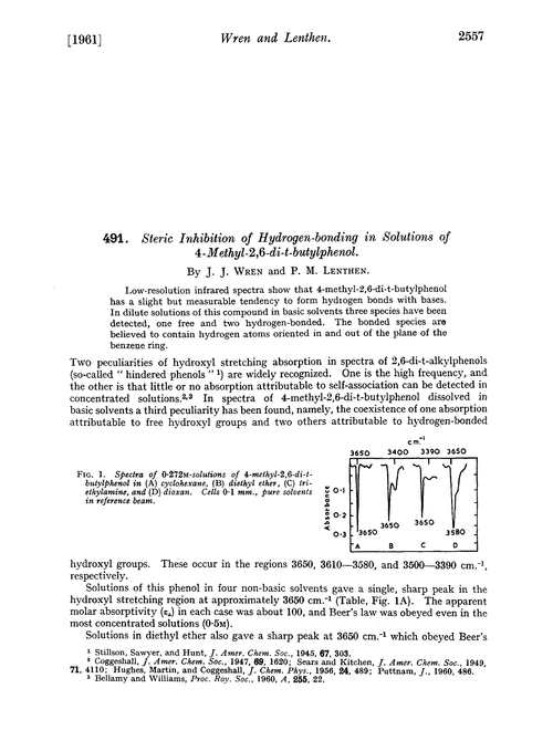 491. Steric inhibition of hydrogen-bonding in solutions of 4-methyl-2,6-di-t-butylphenol