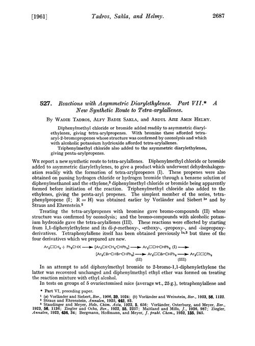 527. Reactions with asymmetric diarylethylenes. Part VII. A new synthetic route to tetra-arylallenes