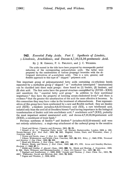 542. Essential fatty acids. Part I. Synthesis of linoleic, γ-linolenic, arachidonic, and docosa-4,7,10,13,16-pentaenoic acid