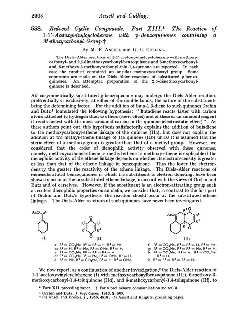 558. Reduced cyclic compounds. Part XIII. The reaction of 1-1′-acetoxyvinylcyclohexene with p-benzoquinones containing a methoxycarbonyl group