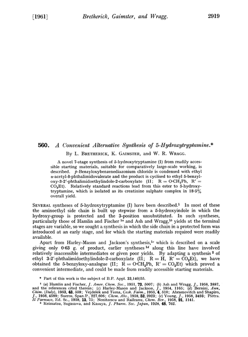 560. A convenient alternative synthesis of 5-hydroxytryptamine