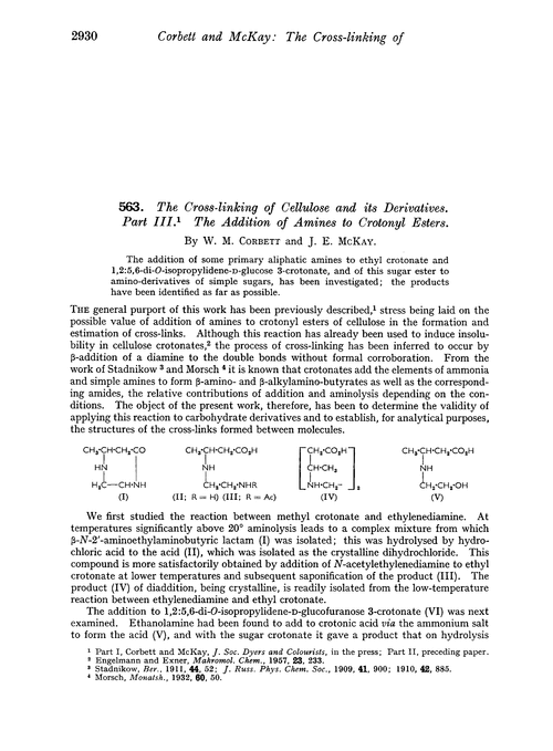 563. The cross-linking of cellulose and its derivatives. Part III. The addition of amines to crotonyl esters