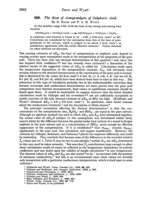 568. The heat of autoprotolysis of sulphuric acid