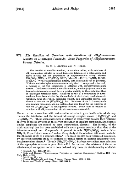 573. The reaction of uranium with solutions of alkylammonium nitrates in dinitrogen tetroxide; some properties of alkylammonium uranyl nitrates