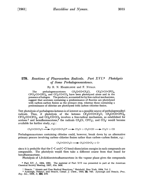 578. Reactions of fluorocarbon radicals. Part XVI. Photolysis of some perhalogenoacetones
