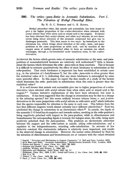 580. The ortho: para-ratio in aromatic substitution. Part I. The nitration of methyl phenethyl ether