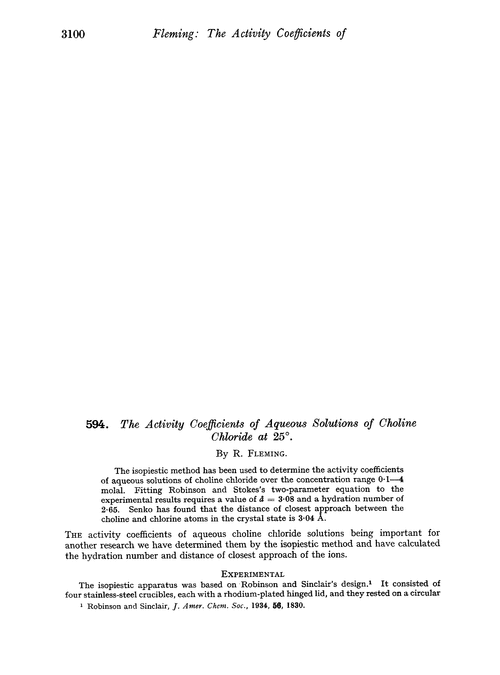 594. The activity coefficients of aqueous solutions of choline chloride at 25°