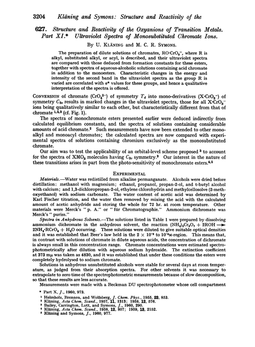 627. Structure and reactivity of the oxyanions of transition metals. Part XI. Ultraviolet spectra of monosubstituted chromate ions