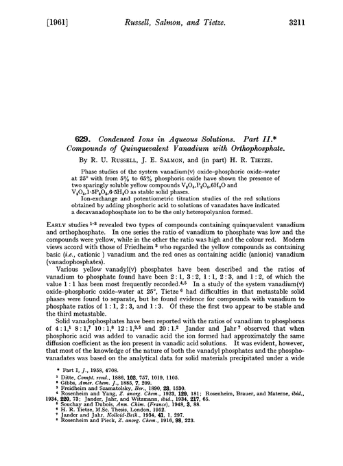 629. Condensed ions in aqueous solutions. Part II. Compounds of quinquevalent vanadium with orthophosphate