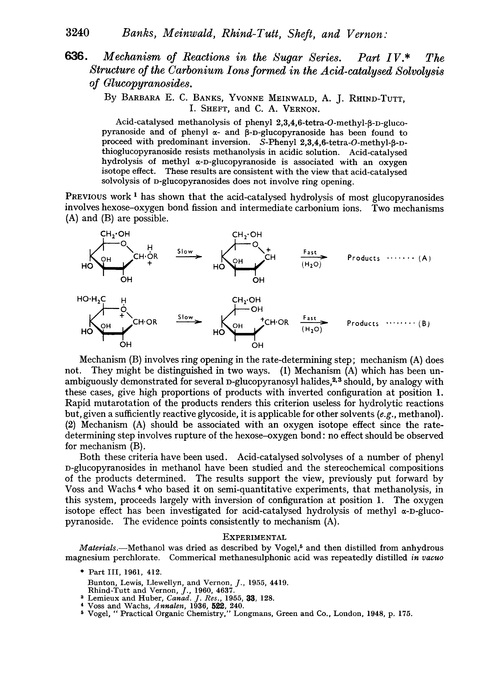 636. Mechanism of reactions in the sugar series. Part IV. The structure of the carbonium ions formed in the acid-catalysed solvolysis of glucopyranosides
