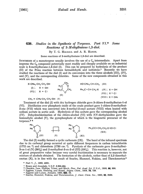 638. Studies in the synthesis of terpenes. Part VI. Some reactions of 3-methylbutane-1,3-diol