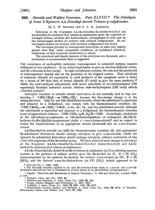 640. Steroids and Walden inversion. Part XLVIII. The solvolysis of some 3-epimeric 4,4-dimethyl-steroid toluene-p-sulphonates