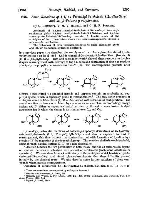 645. Some reactions of 4,4,14α-trimethyl-5α-cholesta-8,24-dien-3α-yl and -3β-yl toluene-p-sulphonates