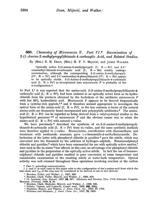 660. Chemistry of micrococcin P. Part VI. Racemisation of 2-(l-amino-2-methylpropyl)thiazole-4-carboxylic acid, and related studies