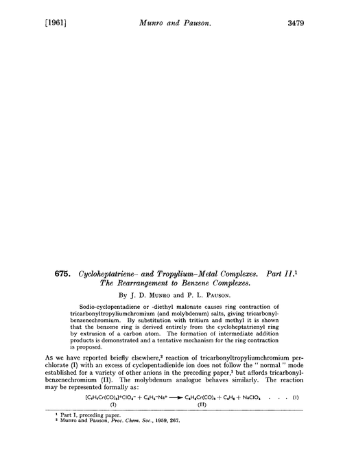 675. Cycloheptatriene– and tropylium–metal complexes. Part II. The rearrangement to benzene complexes