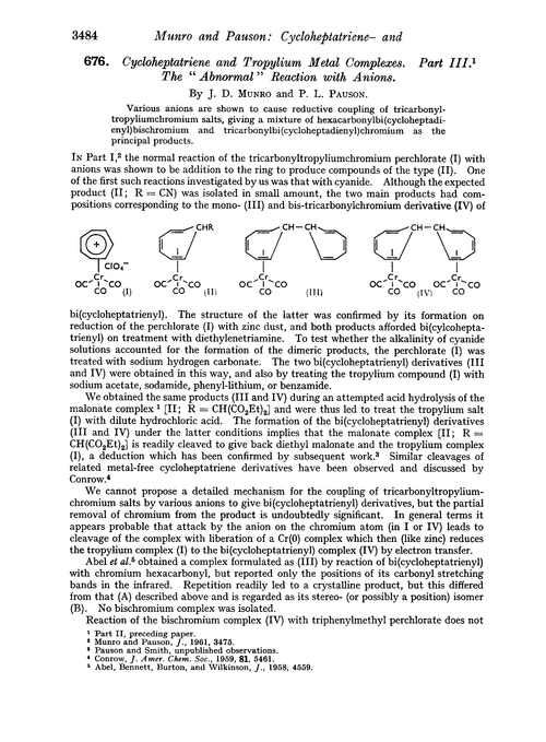 676. Cycloheptatriene and tropylium metal complexes. Part III. The “abnormal” reaction with anions