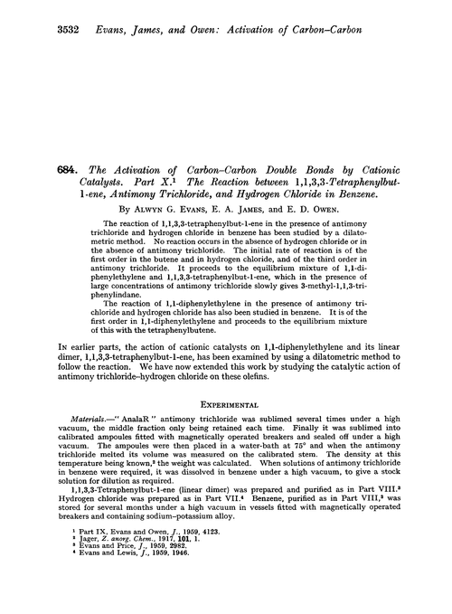 684. The activation of carbon–carbon double bonds by cationic catalysts. Part X. The reaction between 1,1,3,3-tetraphenylbut-1-ene, antimony trichloride, and hydrogen chloride in benzene