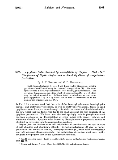 697. Pyrylium salts obtained by diacylation of olefins. Part III. Diacylation of cyclic olefins and a novel synthesis of isoquinoline derivatives