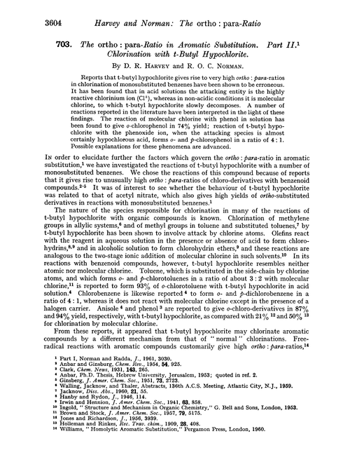 703. The ortho: para-ratio in aromatic substitution. Part II. Chlorination with t-butyl hypochlorite