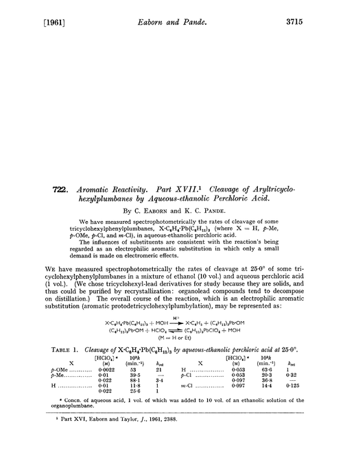 722. Aromatic reactivity. Part XVII. Cleavage of aryltricyclohexylplumbanes by aqueous-ethanolic perchloric acid