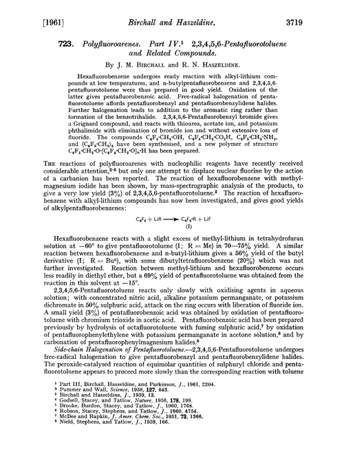 723. Polyfluoroarenes. Part IV. 2,3,4,5,6-Pentafluorotoluene and related compounds