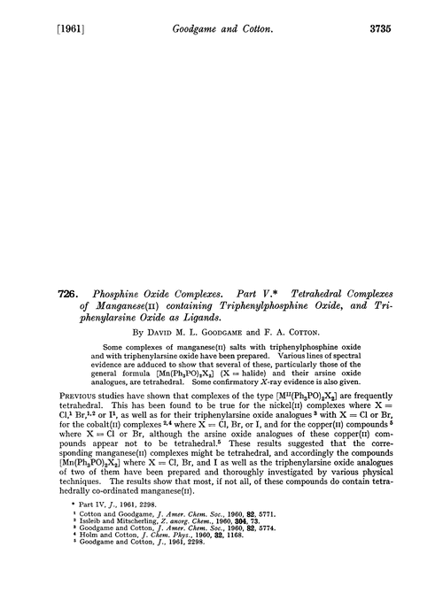 726. Phosphine oxide complexes. Part V. Tetrahedral complexes of manganese(II) containing triphenylphosphine oxide, and triphenylarsine oxide as ligands