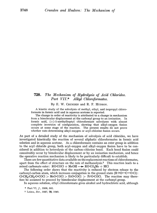 728. The mechanism of hydrolysis of acid chlorides. Part VII. Alkyl chloroformates