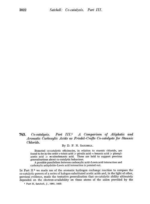 743. Co-catalysis. Part III. A comparison of aliphatic and aromatic carboxylic acids as Friedel–Crafts co-catalysts for stannic chloride