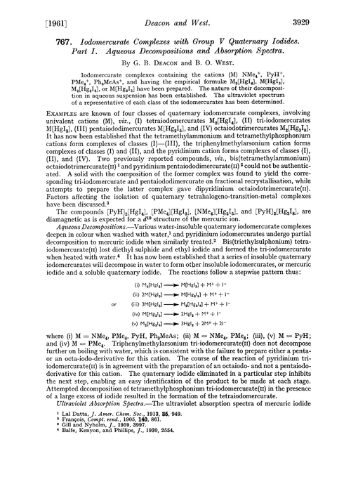 767. Iodomercurate complexes with Group V quaternary iodides. Part I. Aqueous decompositions and absorption spectra