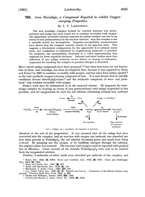 783. Iron bisindigo, a compound reported to exhibit oxygen carrying properties