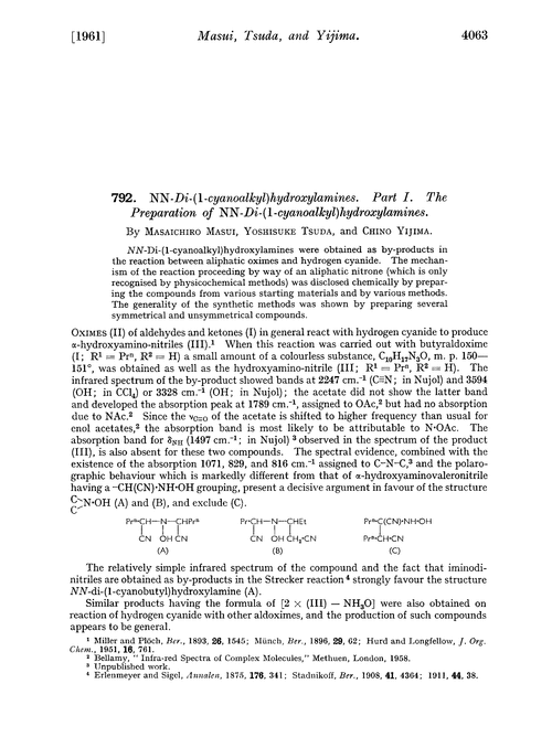 792. NN-di-(1-cyanoalkyl) hydroxylamines. Part I. The preparation of NN-di-(1-cyanoalkyl)hydroxylamines