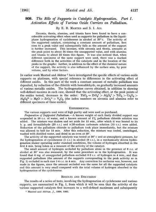 808. The rôle of supports in catalytic hydrogenation. Part I. Activation effects of various oxide carriers on palladium