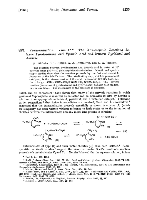 825. Transamination. Part II. The non-enzymic reactions between pyridoxamine and pyruvic acid and between pyridoxal and alanine
